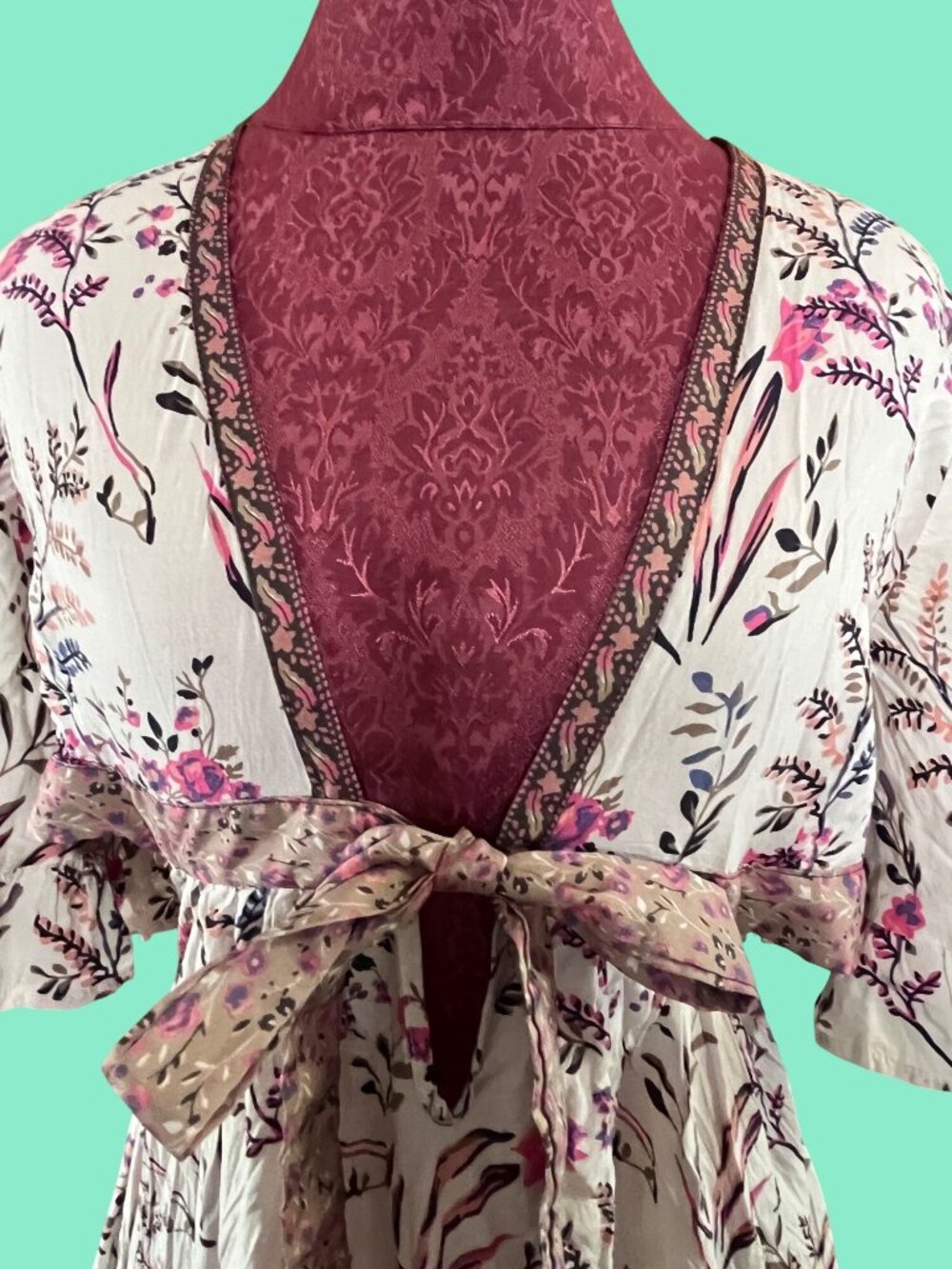 Floral High-Low Wrap Dress With Ruffle Hem Bell Sleeves & Tie Waist Beige & Pink - Picture 8 of 11